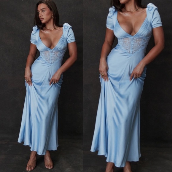 House of CB Dresses & Skirts - House of CB M D-DD  'Rafaela' Soft Blue & Pure Silk‎ Lace Maxi Dress NWOT